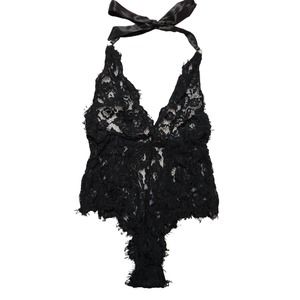 Lulu's M Teddy Unforgettable Romance Black Sheer Lace Halter Bodysuit Lingerie